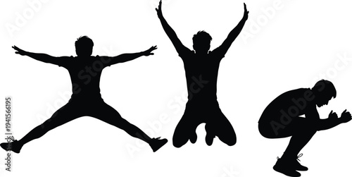 Man silhouettes jumping and celebrating success with dynamic body poses isolated on white background motivation achievement energy concept