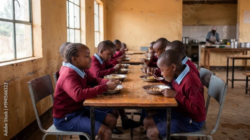 African schoolchildren eating a meal in a school cafeteria, group of students in uniforms having lunch together for nutrition and education support in a rural classroom