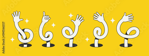 Five Abstract Flexible White Arms Emerging from Holes on Yellow Background