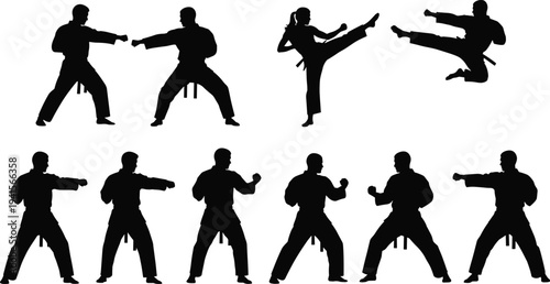 Martial arts silhouettes collection karate fighters performing punches and kicks isolated on white background combat sport action set