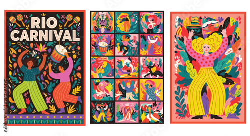 Energetic Rio Carnival Poster with Dancing Figures and Tropical Elements