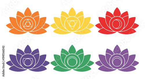 A vibrant collection of six chakra lotus flowers in orange yellow red purple green and indigo silhouette high quality professional detailed