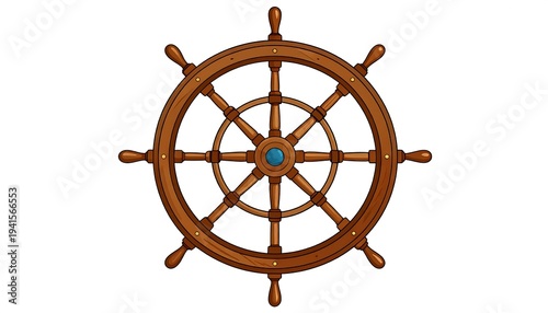 Detailed wooden ship's wheel with eight spokes and blue center hub, isolated on white