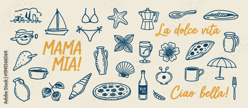 Italian Summer Vacation and Food Doodle Collection with La Dolce Vita and Mama Mia Text