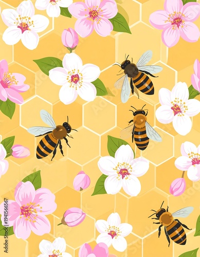 Bees buzz amid pink and white flowers over a honeycomb pattern on a warm, sunny background