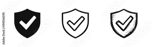 Shield with check mark icon set. Security, protection, safety, guarantee, or verification symbol collection. Approved and trust concept.