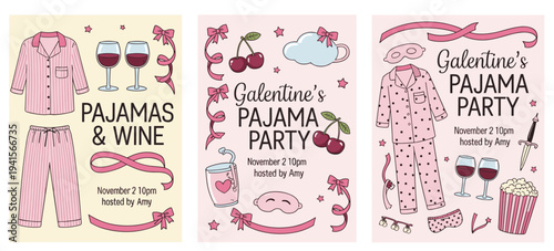 Pink Pajama Party Invitation Graphics with Wine and Desserts pajamas