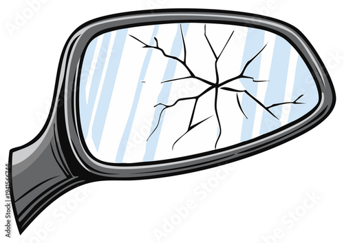 Broken car side mirror with cracked glass illustration depicting vehicle damage