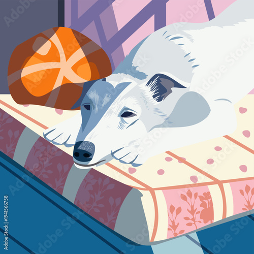 Senior dog lying on a mattress looking sad and sick in old age. Elderly canine resting at home during recovery from illness or injury, feeling lonely, weak and in need of veterinary care and comfort