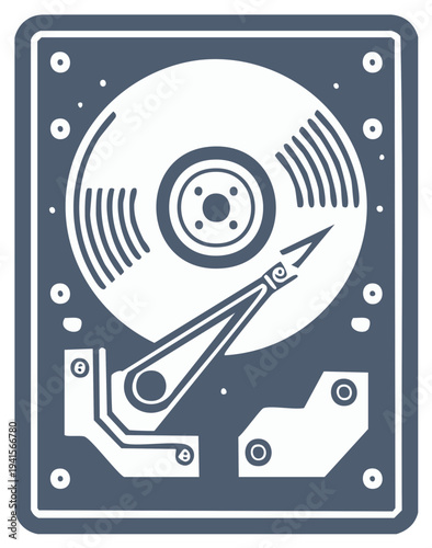 Internal computer hard disk drive with spinning platter and read write arm graphic