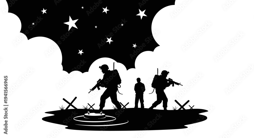 Naklejka premium Night Soldiers Silhouette, Stars, Clouds, and Barbed Wire Obstacles