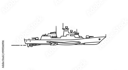 Modern Warship Silhouette, Naval Vessel Outline, Military Ship Line Art, Maritime Combat Ship