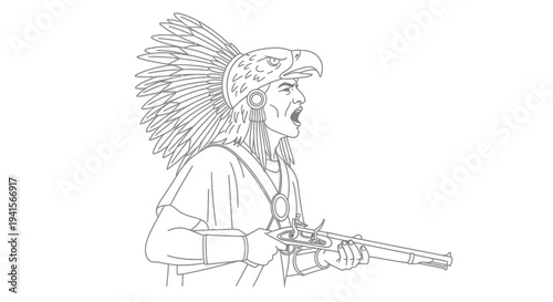Native American Warrior with Musket and Eagle Headdress, Line Art