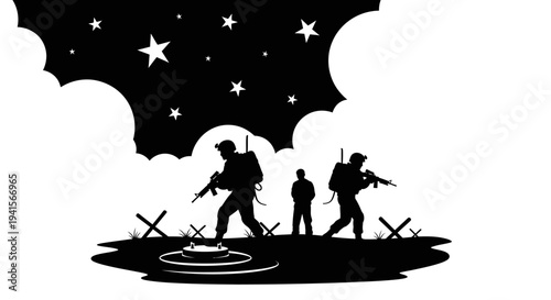 Night Soldiers Silhouette, Stars, Clouds, and Barbed Wire Obstacles