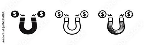 Magnet attracting dollar coins icon set. Money magnet, financial success, investment, or income symbol collection. Wealth concept.