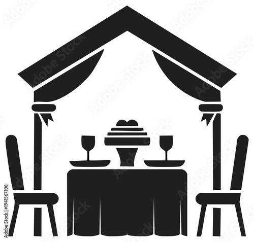 Elegant romantic dinner table for two set under a canopy silhouette icon