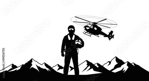 Pilot Standing in Mountains with Helicopter Flying Above - Adventure and Exploration
