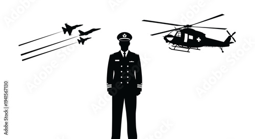 Pilot Standing Proudly with Military Aircraft Formation and Helicopter