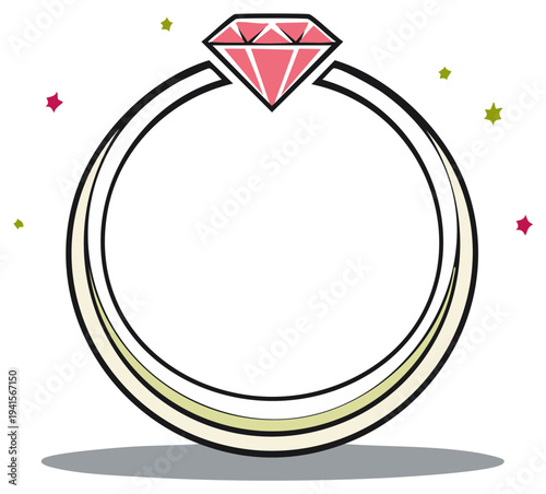 Cartoon Diamond Ring with Pink Gem, Sparkling Stars, and Geometric Shapes