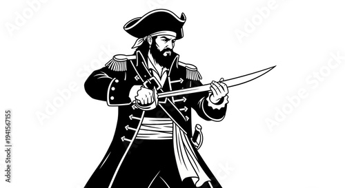 Pirate Captain with Cutlass Sword, Black and White Illustration