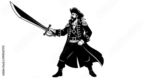 Pirate Captain with Cutlass Sword, Black and White Illustration