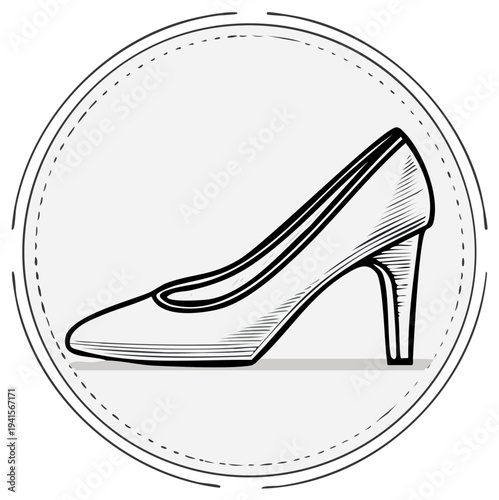 Elegant black and white sketch of a single stiletto heel shoe inside a decorative circular frame