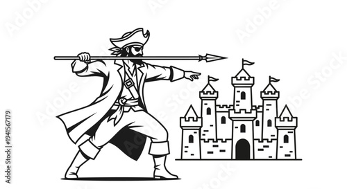 Pirate Captain with Spear Attacking a Castle Fortress