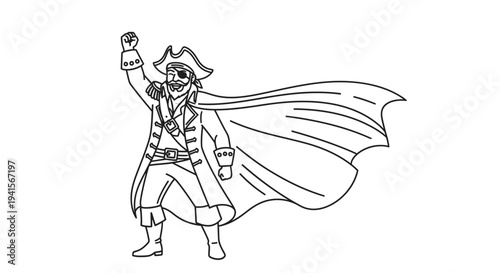 Pirate Captain with Sword and Cape, Outline Drawing, Vector Illustration