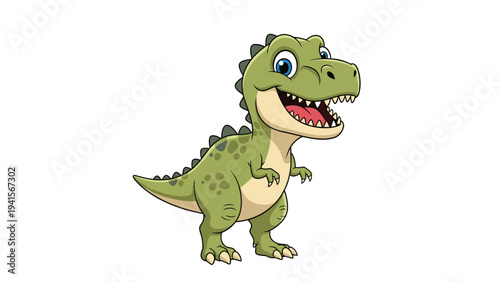 Friendly green Tyrannosaurus Rex dinosaur character stands with a joyful smile and open mouth, perfect for educational or kids content.