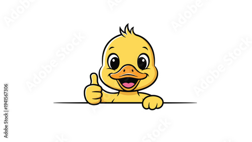 Cheerful yellow duckling character peeks over a white border while giving a positive thumbs up gesture with its wing and smiling widely.