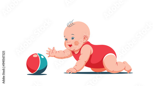 Healthy chubby baby wearing a red sleeveless onesie crawls playfully towards a colorful red and blue ball on a clean white surface.