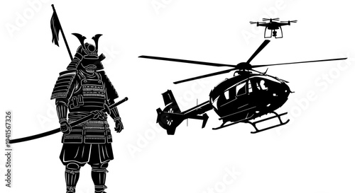 Samurai Warrior and Modern Drone Helicopter: Past Meets Future