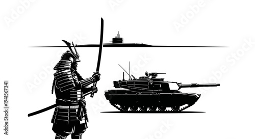 Samurai Warrior Confronts Modern Military Tank and Submarine
