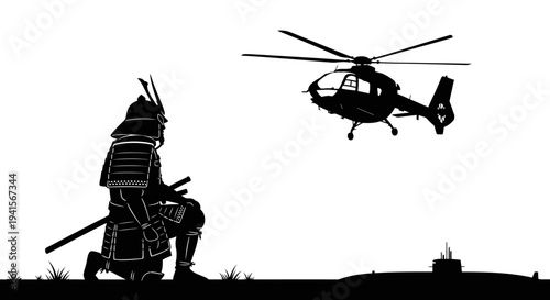Samurai Warrior Facing Helicopter and Submarine, Historical vs Modern Warfare Concept