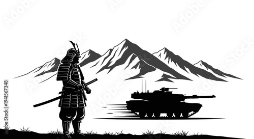 Samurai Warrior Confronts Modern Tank in Epic Mountain Landscape
