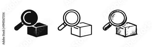 Package Search and Inspection Icon Set. Logistics and Delivery Tracking Symbols in Solid, Outline, and Hand-Drawn Style.