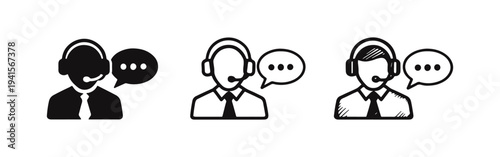 Customer Service and Support Icon Set. Call Center Agent with Headset and Speech Bubble Symbols.