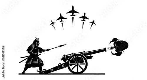 Samurai warrior fires cannon at fighter jets, historical vs modern warfare concept
