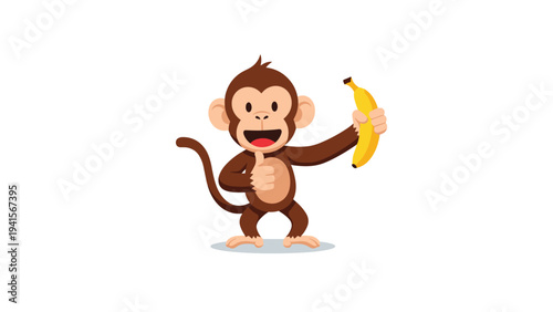 Playful brown monkey character stands happily while holding a peeled yellow banana and giving a positive thumbs up sign to the viewer.