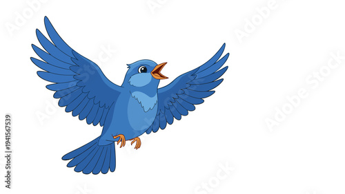 Vibrant blue bird character flies gracefully with its wings fully spread and beak open, capturing a moment of song or a joyful call.