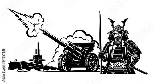 Samurai Warrior, Submarine, and Cannon: A Historical and Military Fusion