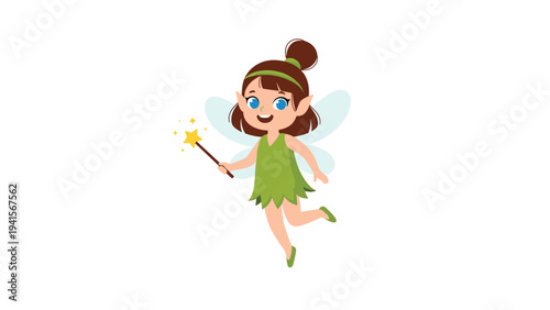 Adorable little fairy girl with brown hair and green dress flies gracefully while holding a sparkling magic wand in her hand over white.