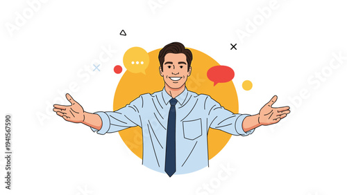 Cheerful businessman in a blue shirt and dark tie stands with his arms wide open against an orange circle, welcoming new opportunities.