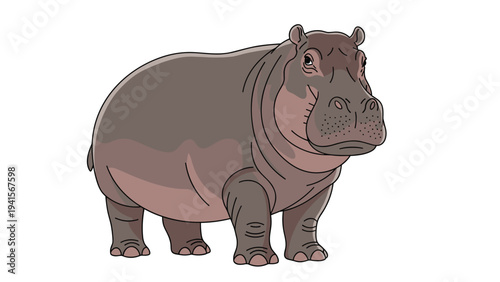 Massive grey hippopotamus stands firmly on its thick legs while looking forward, showcasing the powerful features of African mammal.