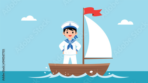 Cheerful young boy dressed in a white sailor uniform stands confidently on a small wooden sailboat with a white sail and red flag.