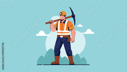 Determined male miner wearing a safety helmet and reflective vest carries a heavy pickaxe over his shoulder in a rugged landscape sky.