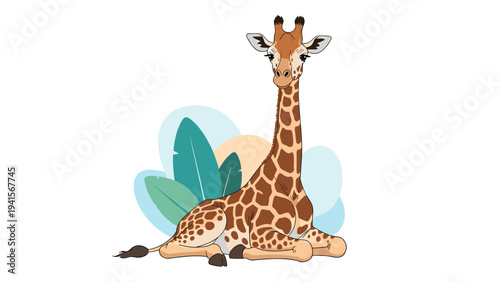 Majestic giraffe with its characteristic spotted pattern lies down peacefully on the ground with large green tropical leaves behind it.