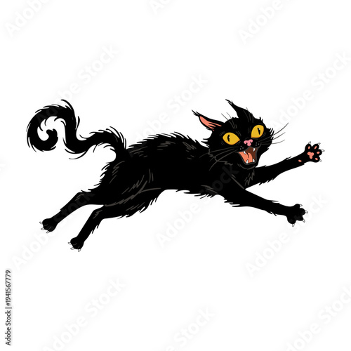 Funny black cat going crazy with scared energy or hyper zoomies, wide eyed and jumping in panic. Scary cartoon feline with wild chaotic behavior from loud noise, fear and shock or silly movement