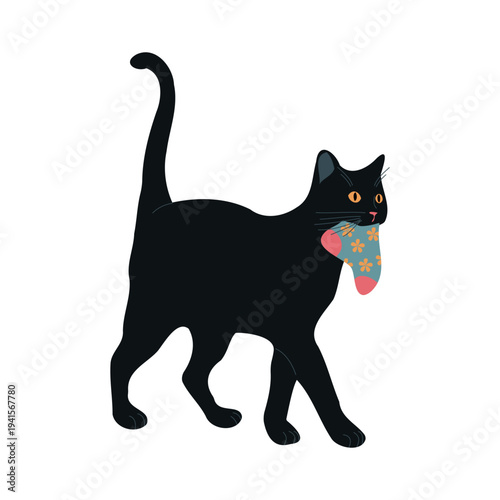 Friendly black cat bringing a sock toy in its mouth. Cute, domestic feline playing and showing curious, naughty pet behavior, enjoying active indoor activity, hunting instinct and funny entertainment