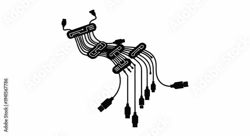 Complex web of electronic cables and connectors on a white background
